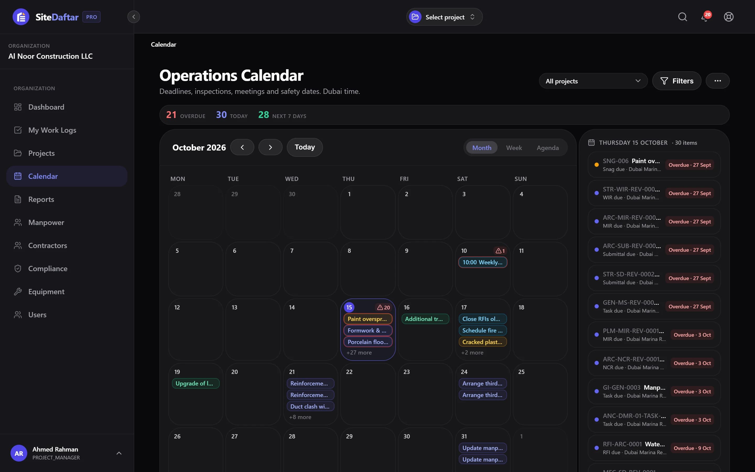 Muqtab operations calendar with overdue, today and next 7 days counts