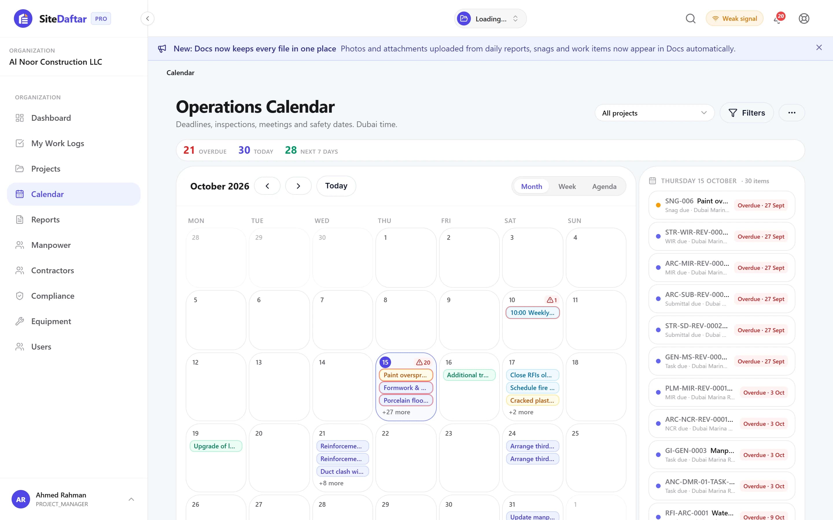 Muqtab operations calendar with overdue, today and next 7 days counts