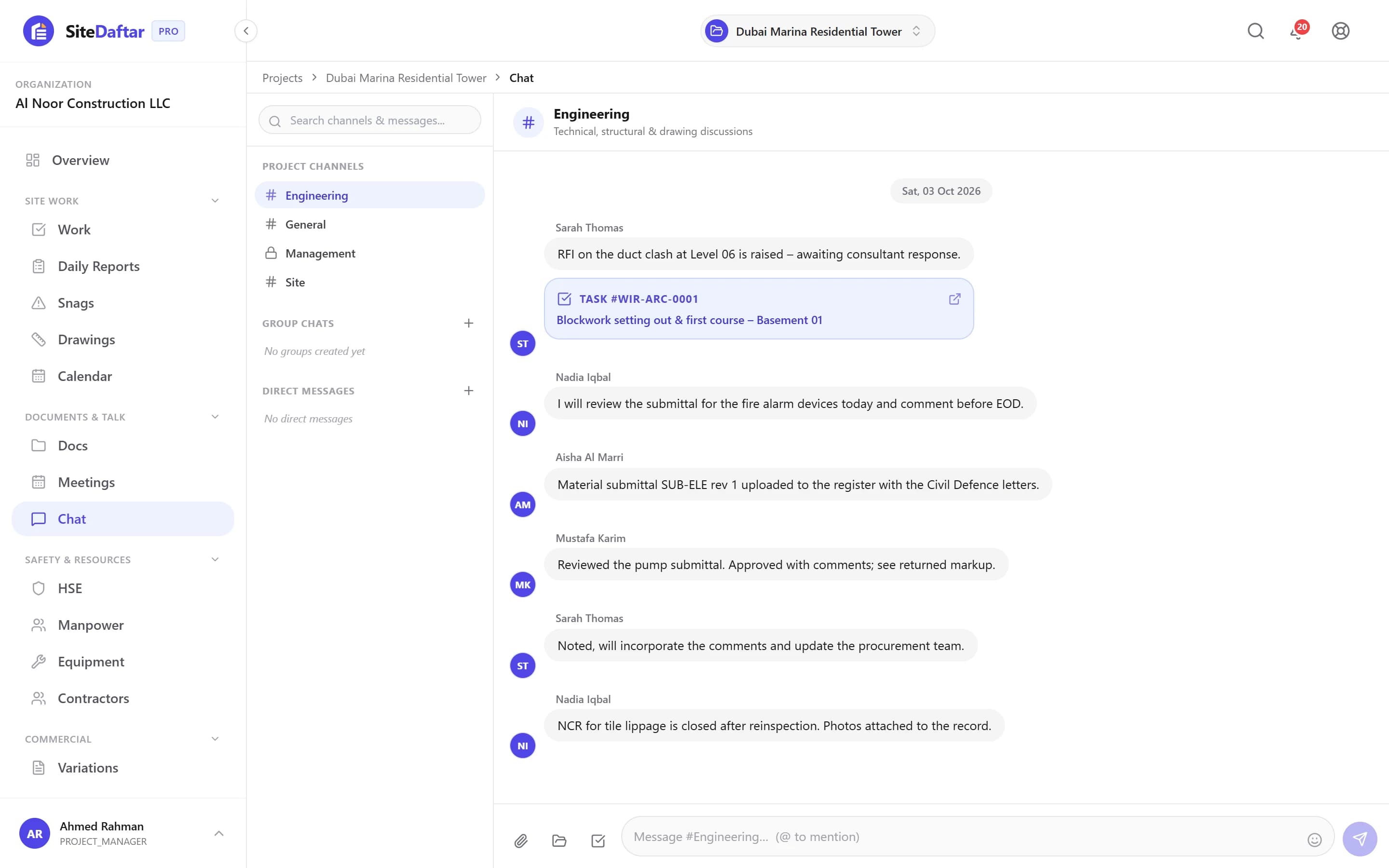 Muqtab project chat with channels and a conversation