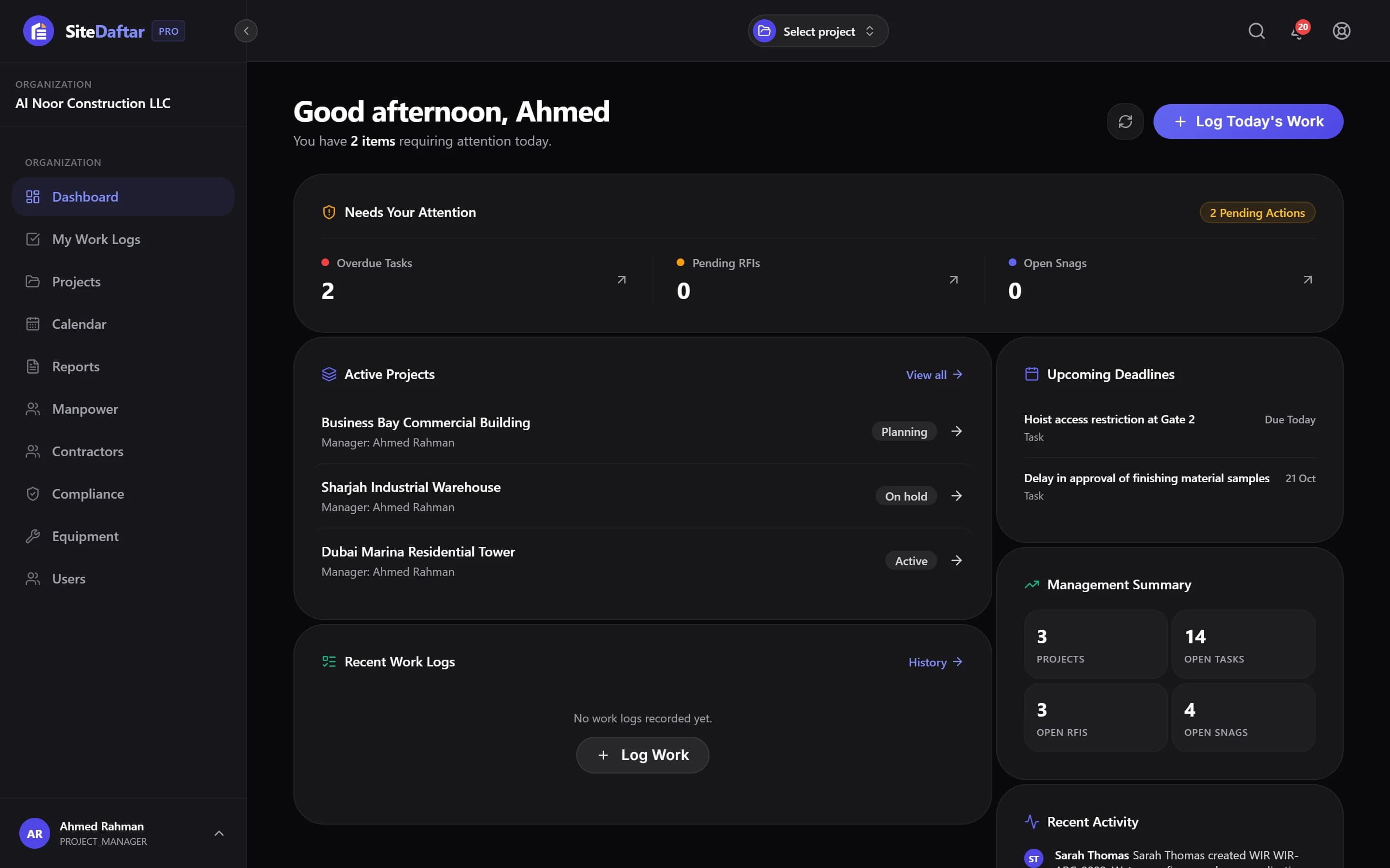 Muqtab dashboard on a laptop: items needing attention, active projects and deadlines