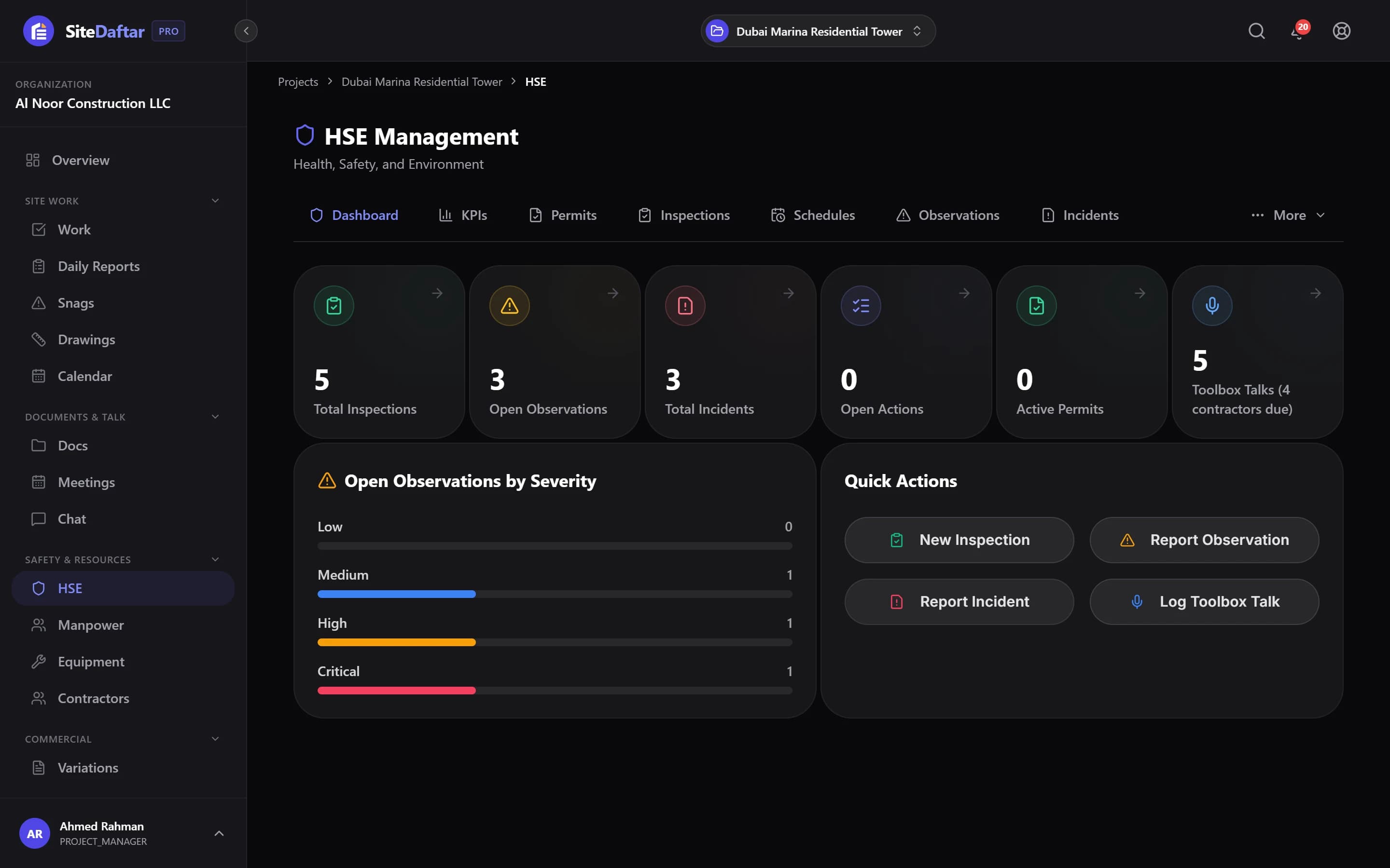 Muqtab HSE dashboard with inspections, observations, incidents and quick actions