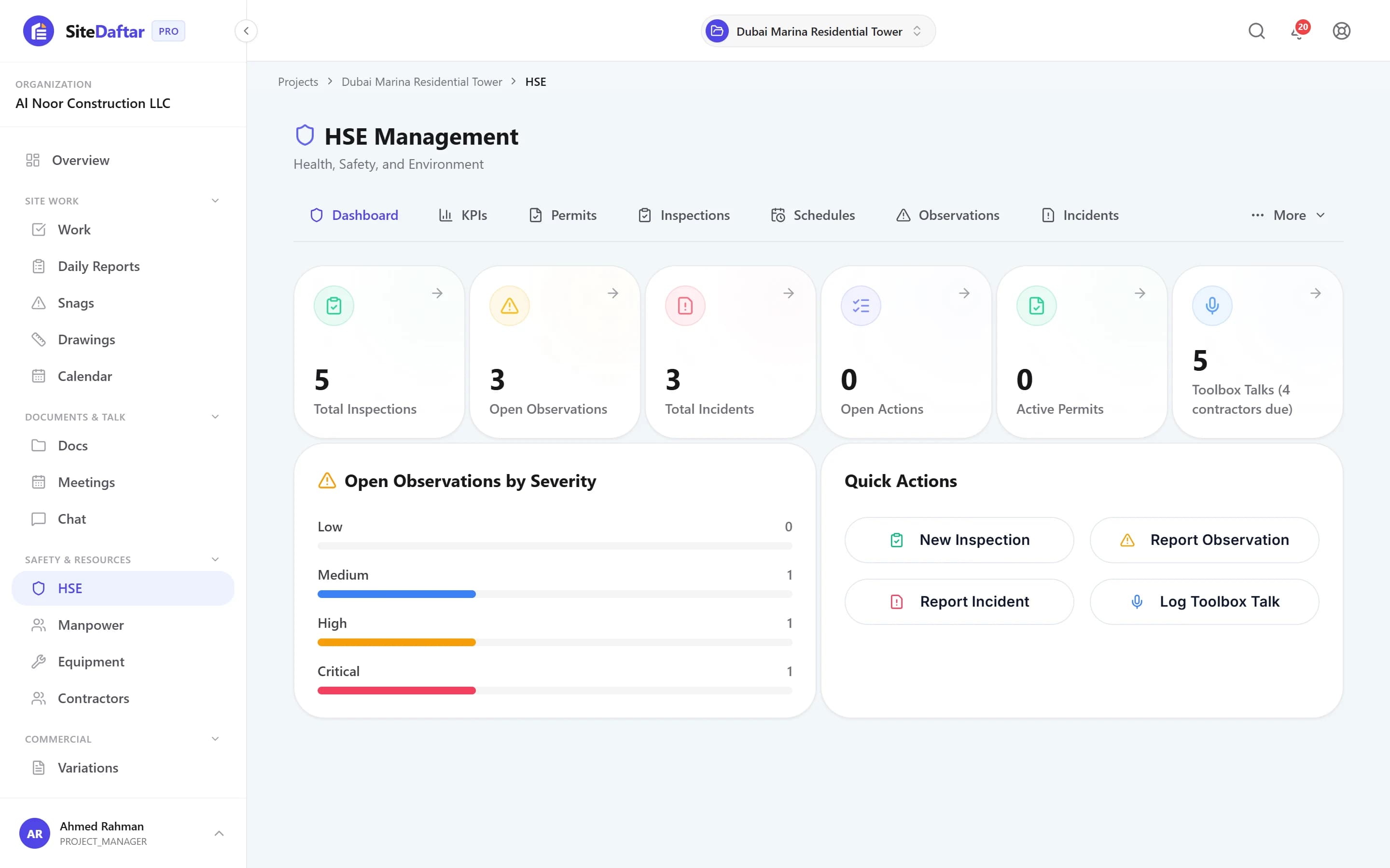 Muqtab HSE dashboard with inspections, observations, incidents and quick actions