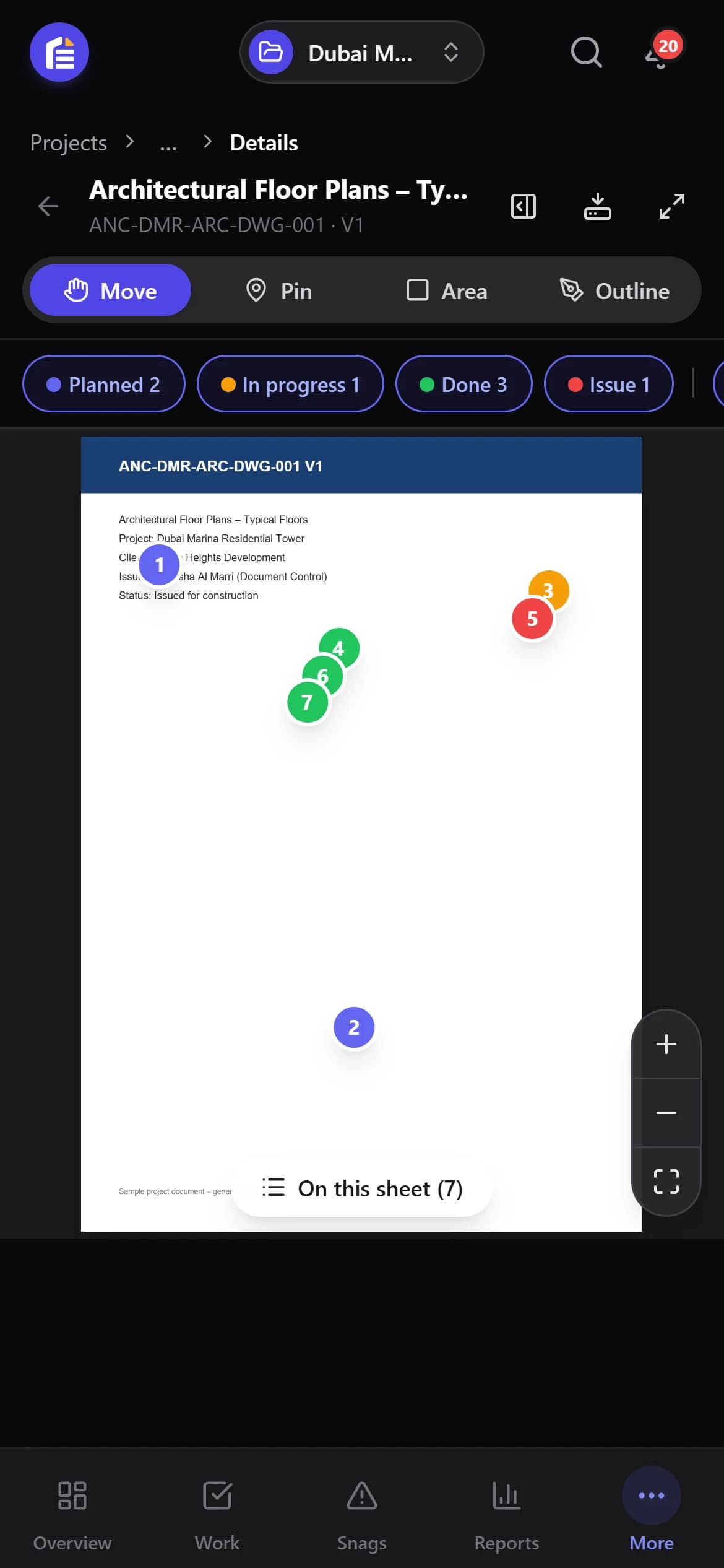 A drawing on a phone with numbered pins for snags and tasks