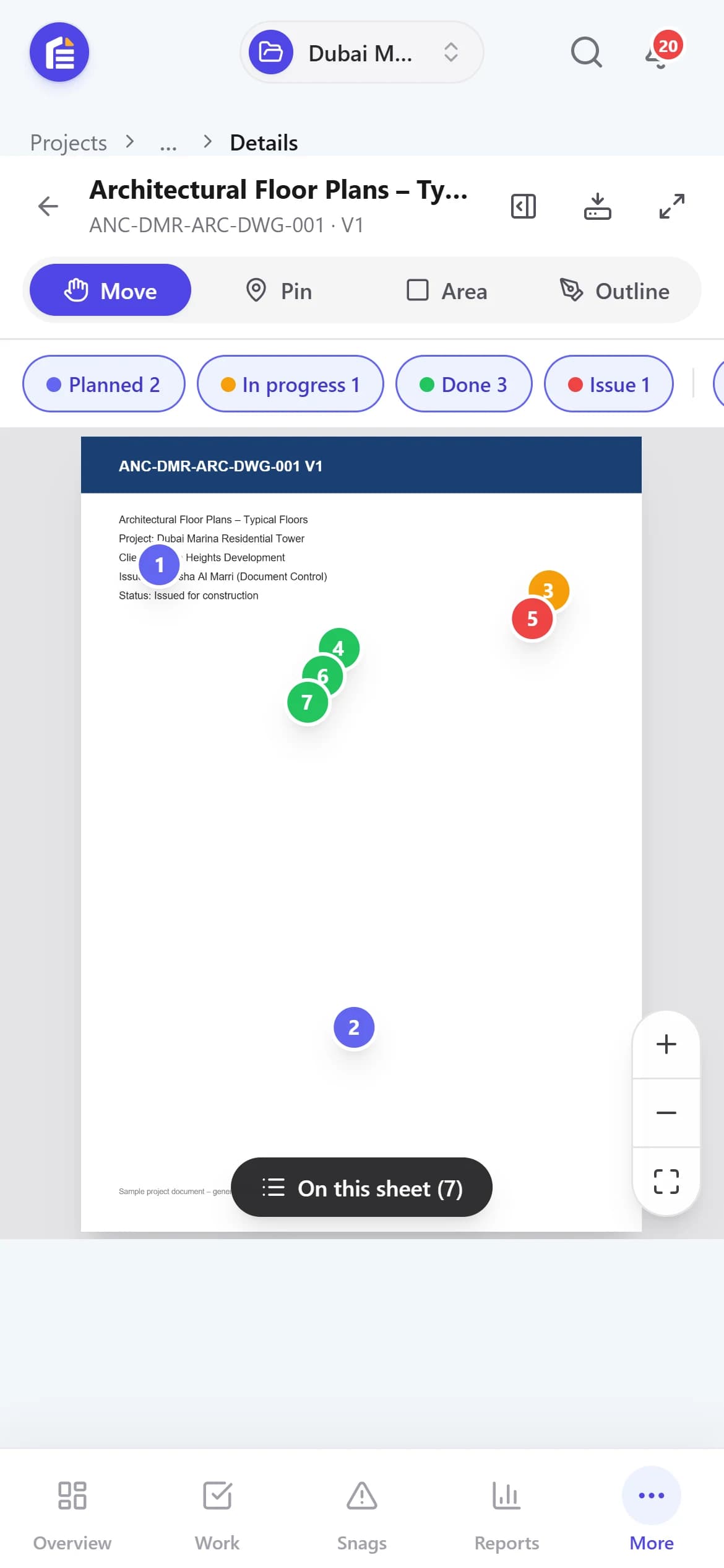 A drawing on a phone with numbered pins for snags and tasks