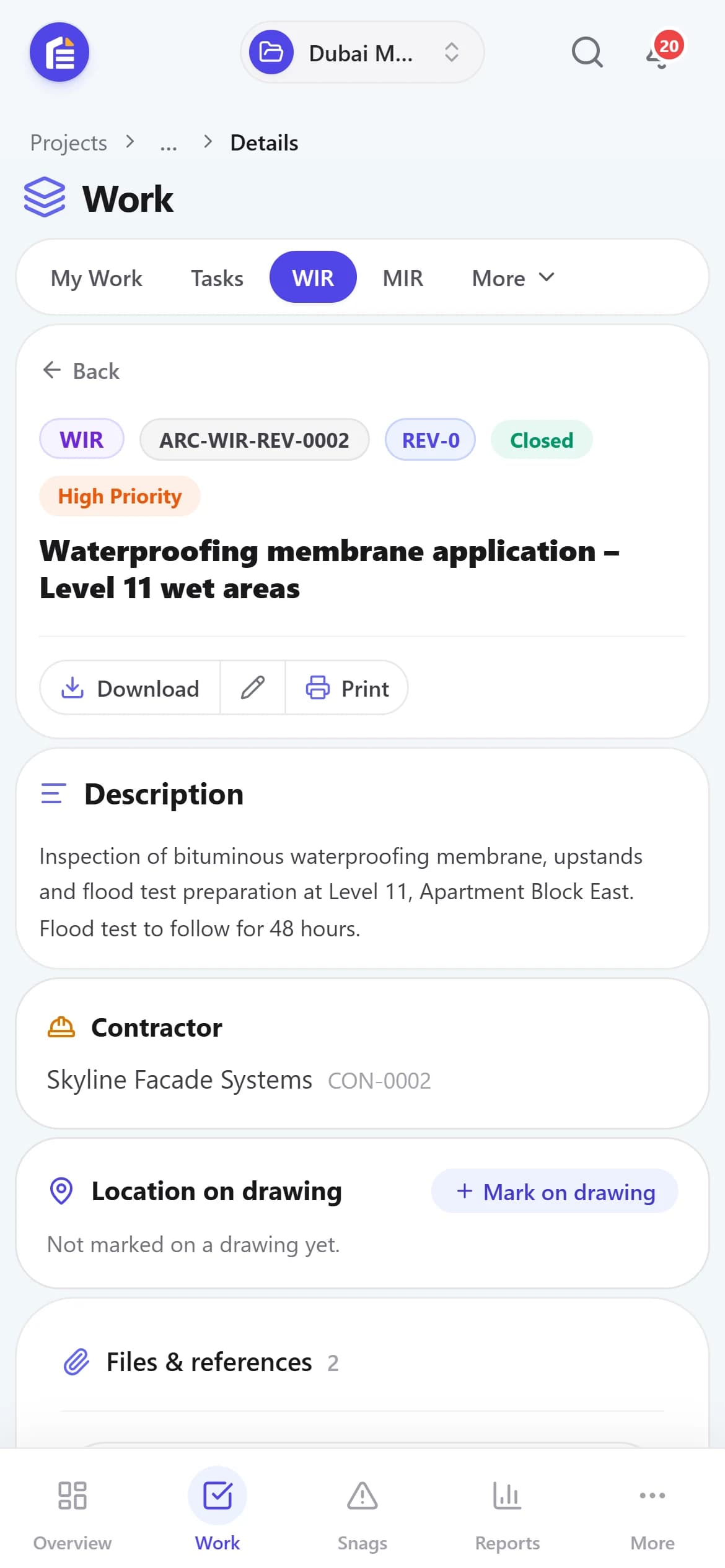 A work inspection request on a phone